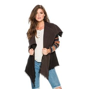 Rip Curl‎ Womens XL Black Open Front Cardigan Jacket Embroidered Sleeves GJKFA7